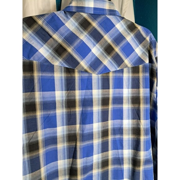 Plains Western Shirt Mens 2XL Big Man Blue Black Plaid Short Sleeve Pearl Snap - Picture 7 of 10